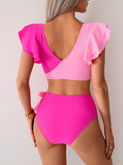 Two-tone pink ruffled swimsuit from Stunning High Waist Bikini, perfect for summer fashion