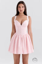 Stunning V neck sling dress in pink and white gingham with sweetheart neckline