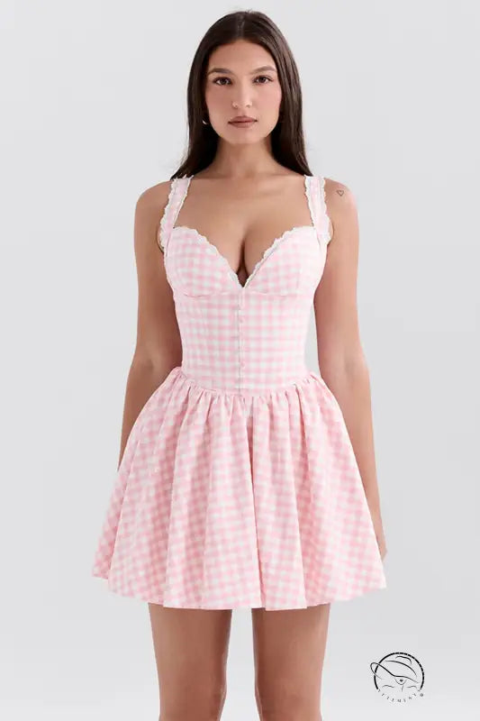 Stunning V neck sling dress in pink and white gingham with sweetheart neckline