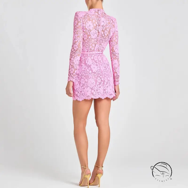 Womens pink lace sheer cutout belt mini dress with long sleeves