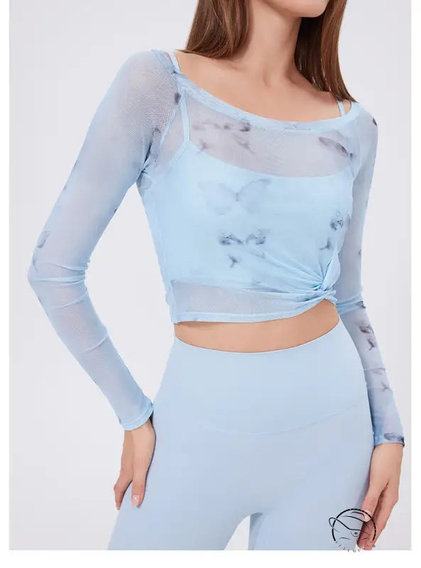 Floral Butterfly Faux Two Piece Sports t Shirt Women Long Sleeve with Chest Pad Yoga Clothes Mesh Top Quick Drying