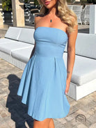 Light blue strapless short dress with pleated skirt in Langry fashion