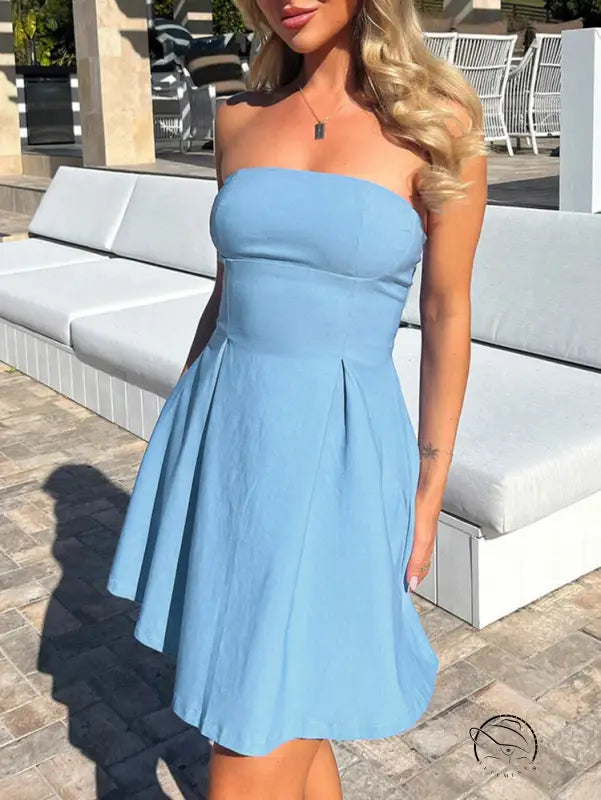Light blue strapless short dress with pleated skirt in Langry fashion