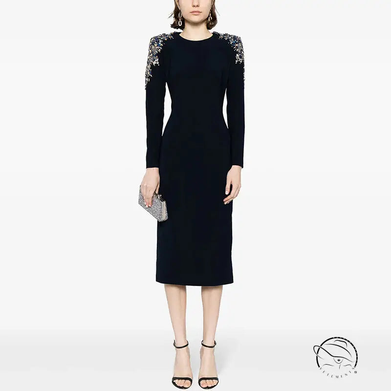 Autumn Winter Star Heavy Industry Beads Diamond Embedded Long Sleeve Mid Length Dress