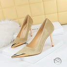 Langry fashion beige suede pumps with gold pointed toe caps and stiletto heels