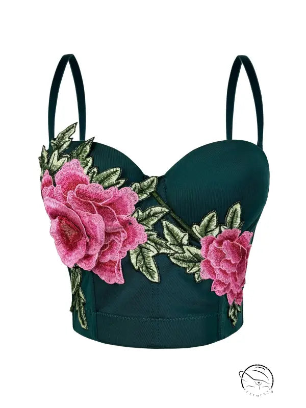 Langry dark green floral embroidered crop top corset in fashion ملابس