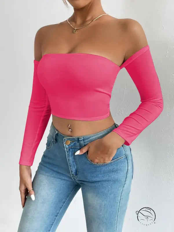 Women’s off-shoulder hot pink camisole waist trimming short sleeve crop top