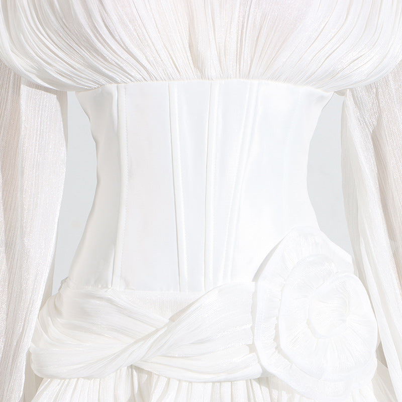 White satin langry corset with ruffled skirt and lace-up back fashion dress