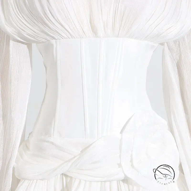 White satin langry corset with ruffled skirt and lace-up back in fashion