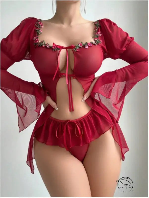 Elegant big red split skirt lingerie set in sheer mesh with floral embroidery
