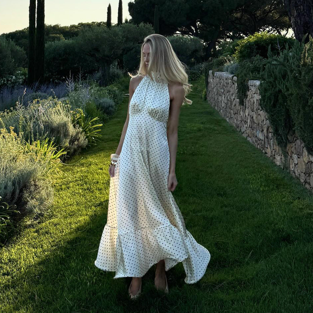 White polka dot halter neck satin maxi dress with floral lace hem