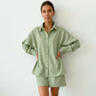 Light green shirt and shorts set from Casual Winter Pajamas, stylish langry fashion clothing