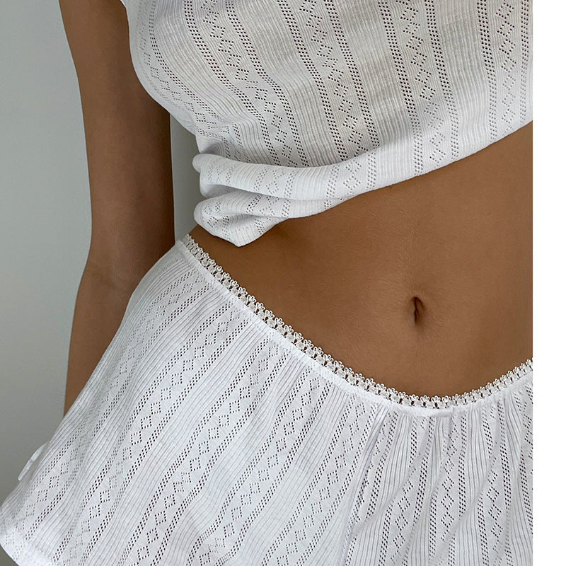White Langry crochet top with diamond lace and ruffled hem in pajamas