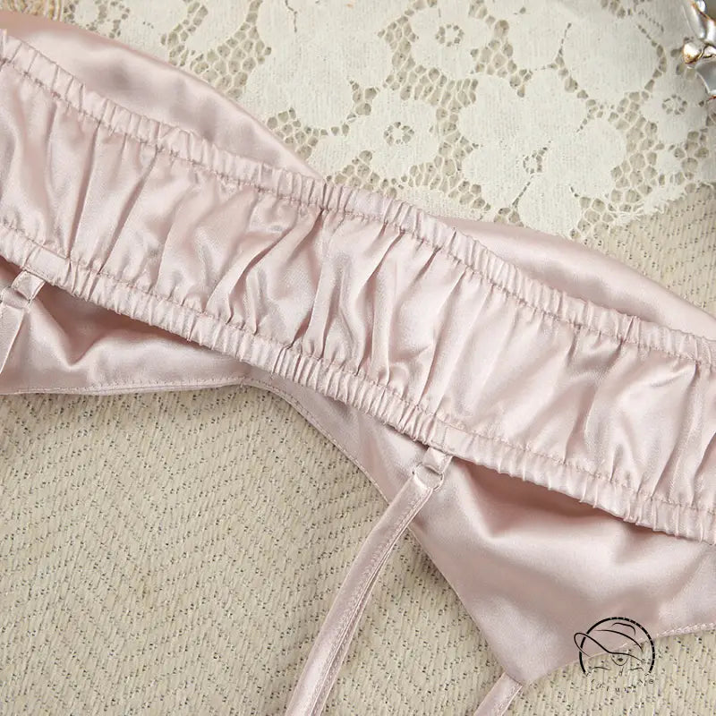 Pink ruffled satin garter belt in langry fashion pajamas set
