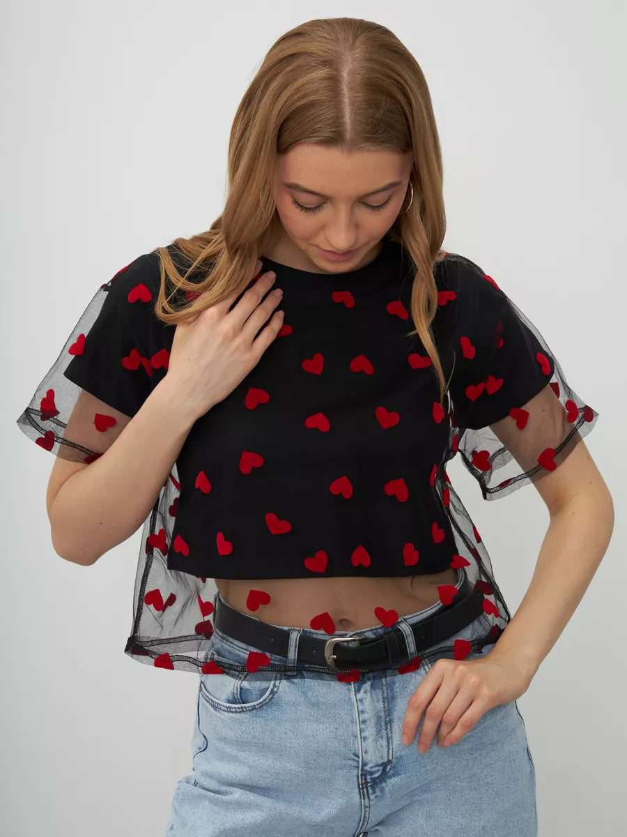 Elegant Faux Two Piece Cotton Short Top featuring black mesh with red heart pattern and ruffles