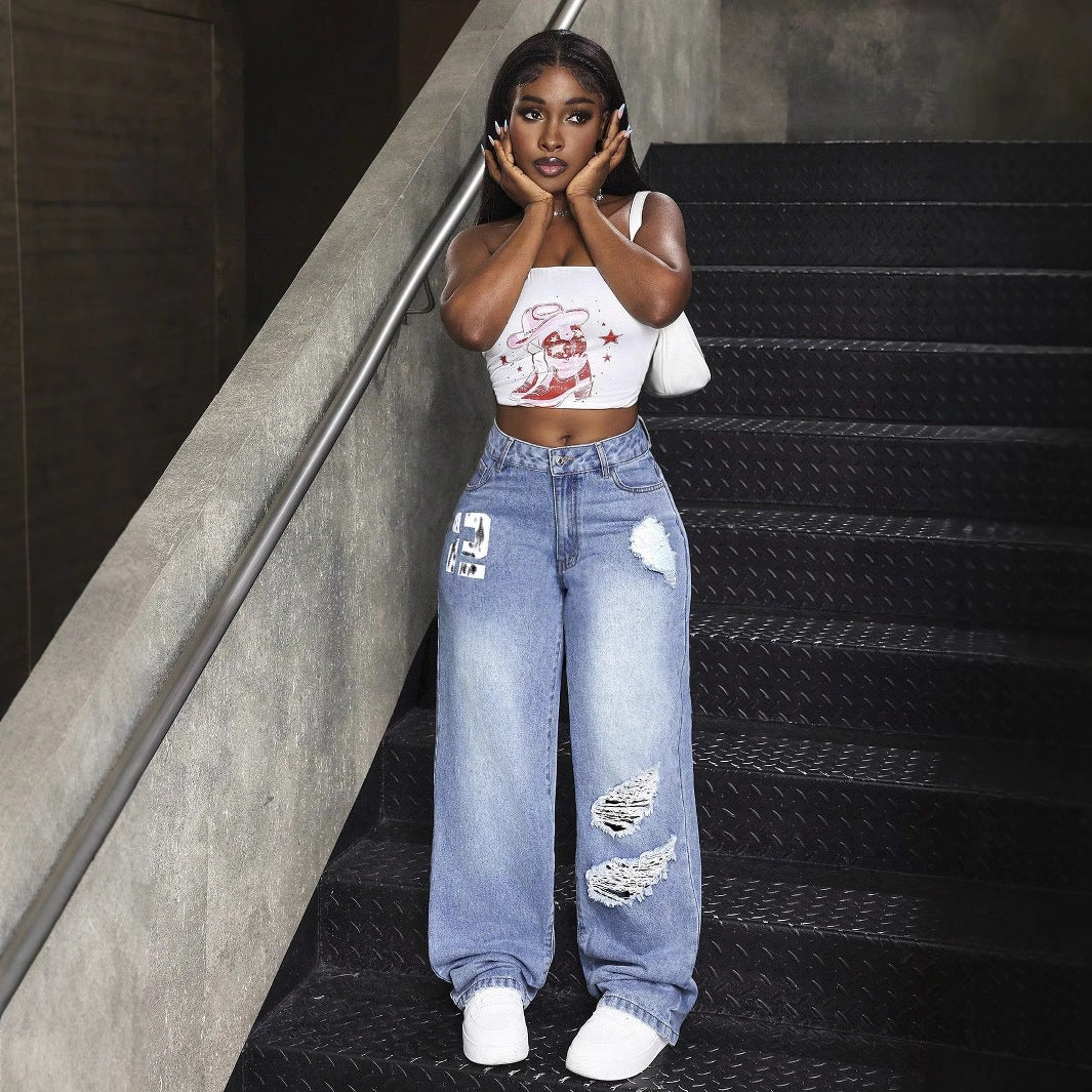 Woman in baggy Straight All Match Denim Long Jeans, perfect for langry fashion ملابس