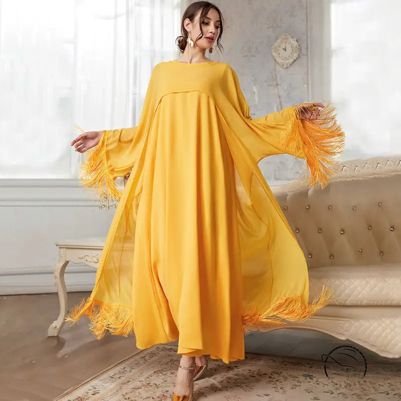 Yellow fringed abaya langry fashion dress with batwing sleeves