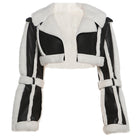 Langry fashion black and white shearling cropped jacket with faux leather accents