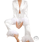 Elegant satin ice silk pajamas suit with feather trim cuffs