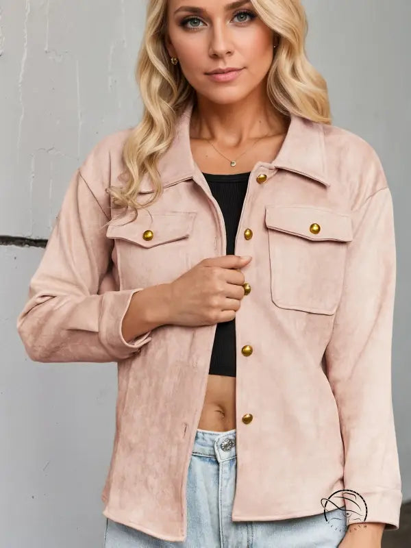 Blush pink suede langry fashion jacket with gold buttons and pockets