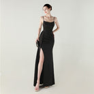 Elegant black satin mermaid gown with high slit in langry fashion