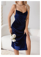 Langry navy blue velvet slip dress with spaghetti straps and high slit