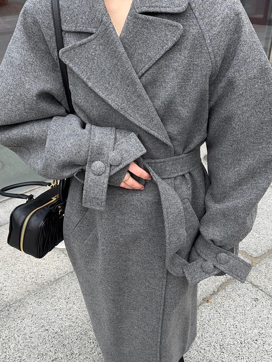 Gray woolen belted double-breasted coat in Langry fashion ملابس