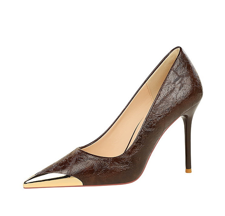 Langry fashion brown snakeskin pump with gold cap toe heel