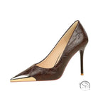 Langry brown snakeskin super high heel pump with metal pointed cap toe and heel, Romy-inspired