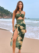 Olive green floral beach sarong with matching halter top for stylish summer fashion ملابس