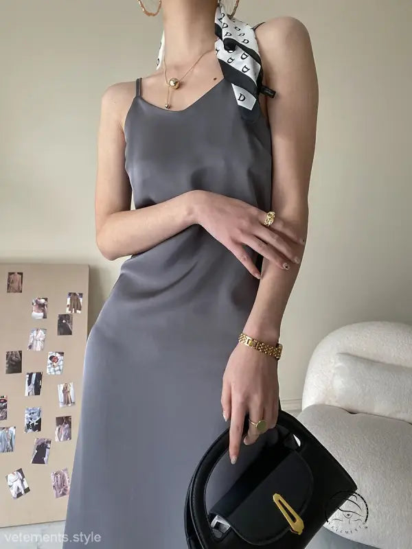 Gray obsidian black acetate satin dress with gold hardware and scarf detail