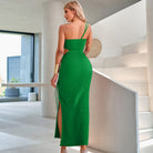 Green one-shoulder sheath dress with side slit, perfect for fashionable occasions in ملابس
