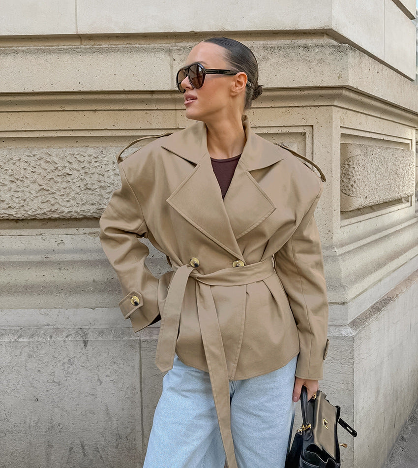Trendy khaki langry fashion trench coat with belt detail