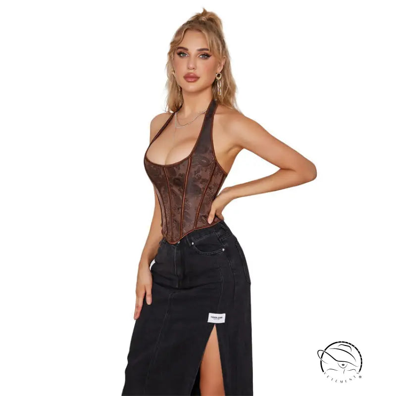 Woman in dark brown tube halter corset top and black skirt