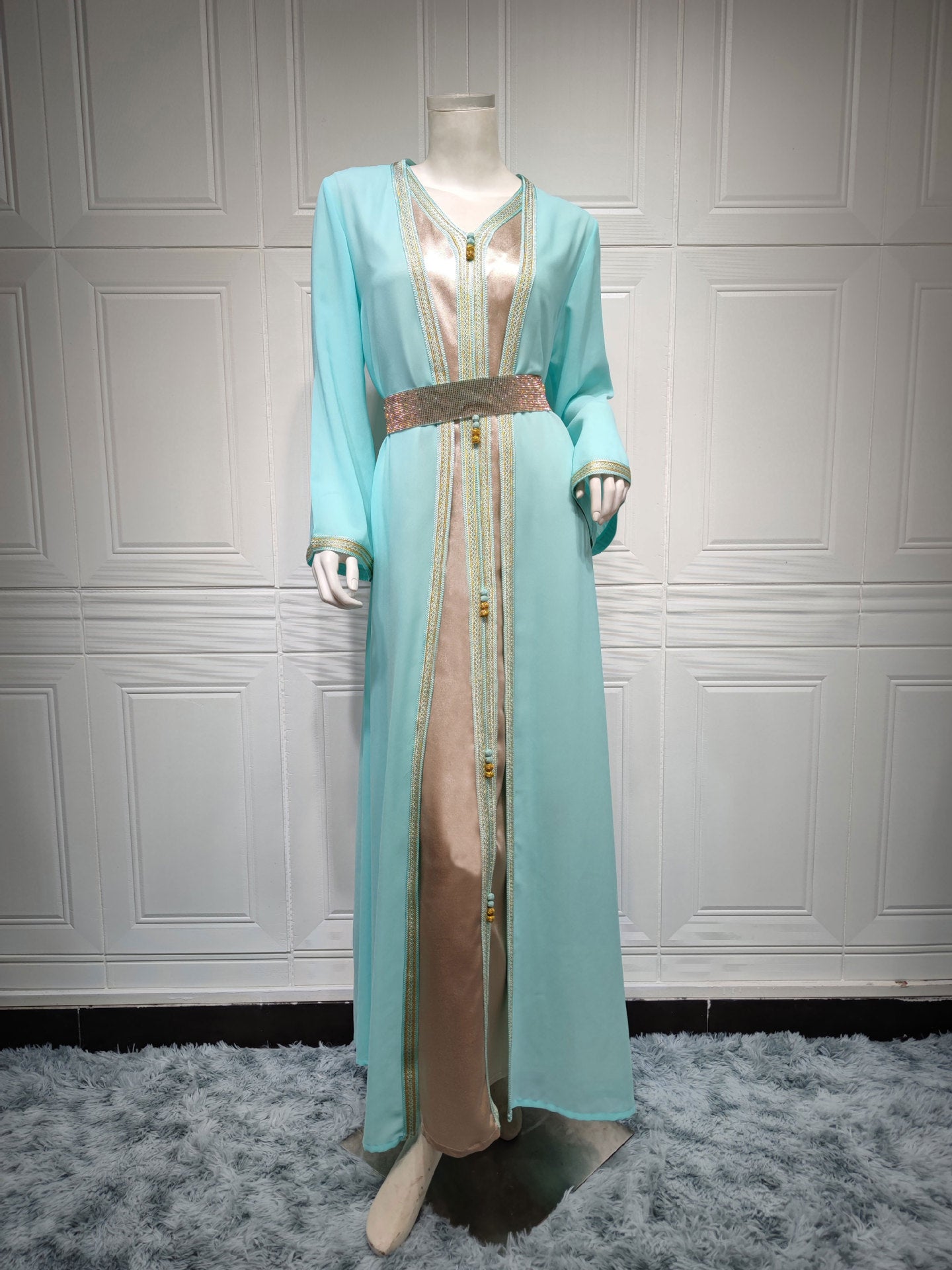 Beautiful langry two-piece fashion dress in light blue, beige, gold accents