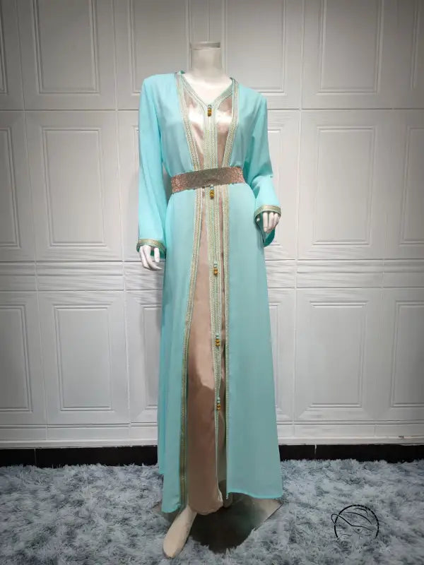 Beautiful light blue and beige langry fashion dress with gold accents