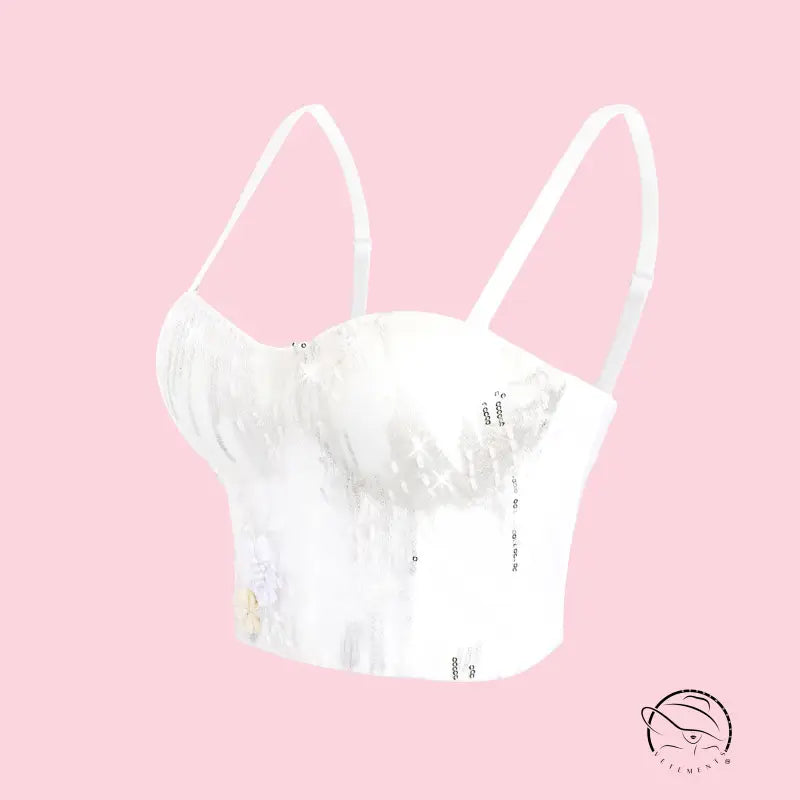 White feathered Langry fashion bra top with floral corset boning