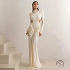 Beautiful high collar maxi dress in champagne satin with ruched bodice