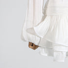 Langry fashion white ruffled blouse with bell sleeves and pleated bodice dress