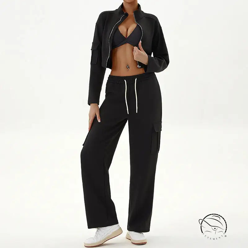Black crop top and cargo pants in winter workwear casual sports sets