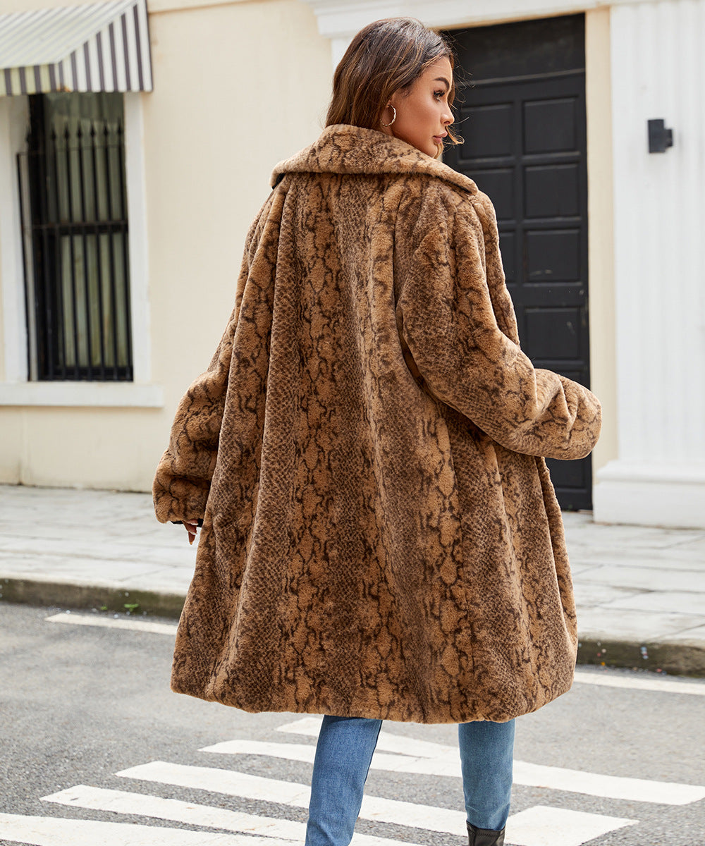 Cozy oversized brown faux fur coat with snakeskin pattern in Langry fashion