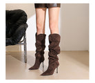 Langry fashion brown suede ruched knee-high stiletto boots