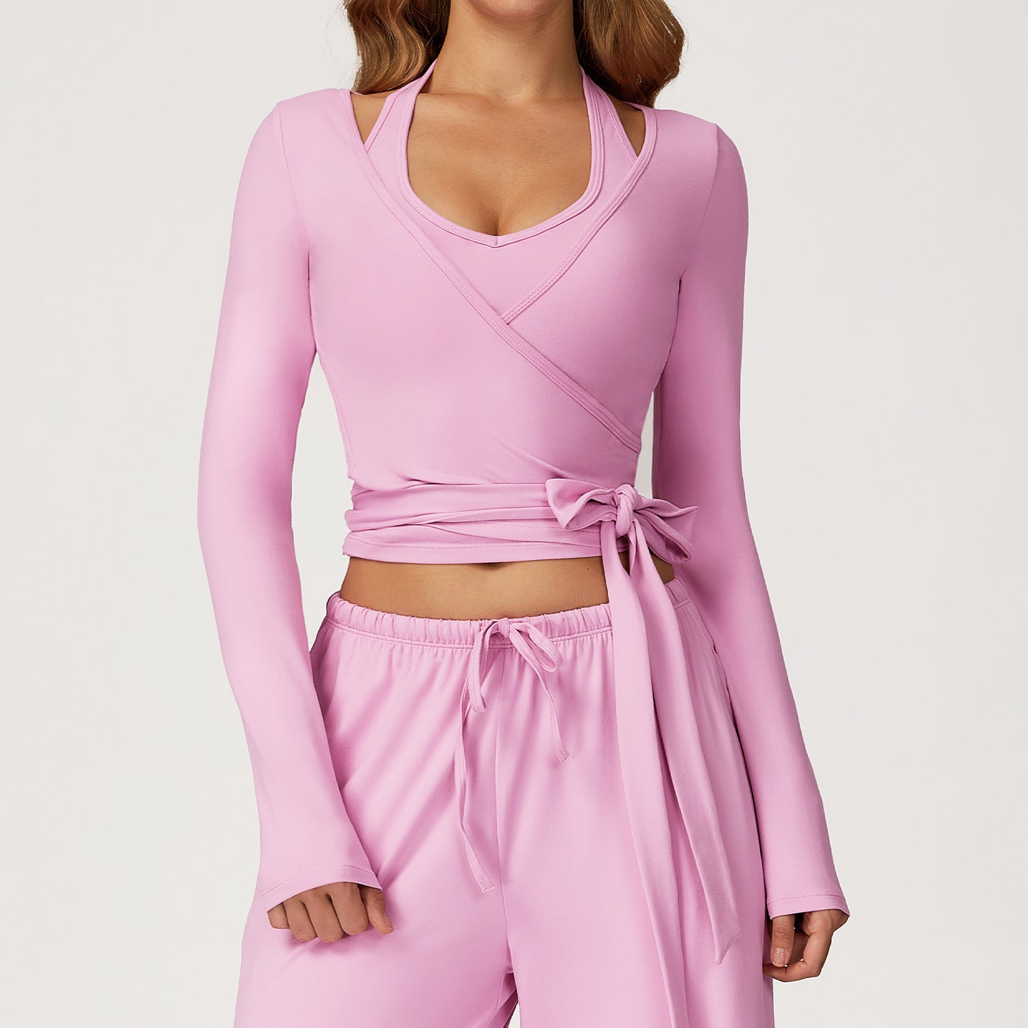 Lavender langry fashion two-piece yoga set with long sleeves and tie waist