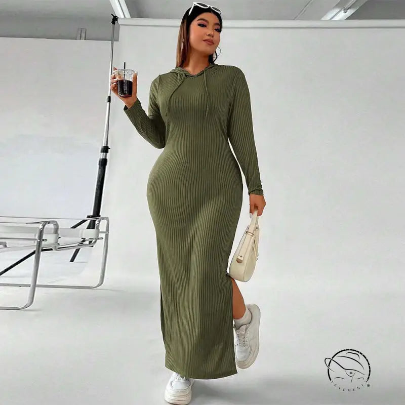 Olive green ribbed hooded winter sheath maxi dress