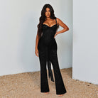 Elegant langry fashion black lace wide-leg jumpsuit with side cutout