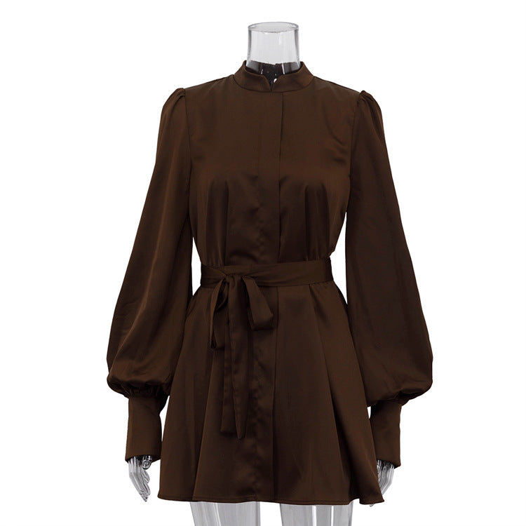 Sleek chocolate-brown langry fashion A-line short dress with puffed sleeves