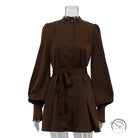 Beautiful lace up A-line short dress in sleek chocolate-brown satin with puffed sleeves and self-tie belt
