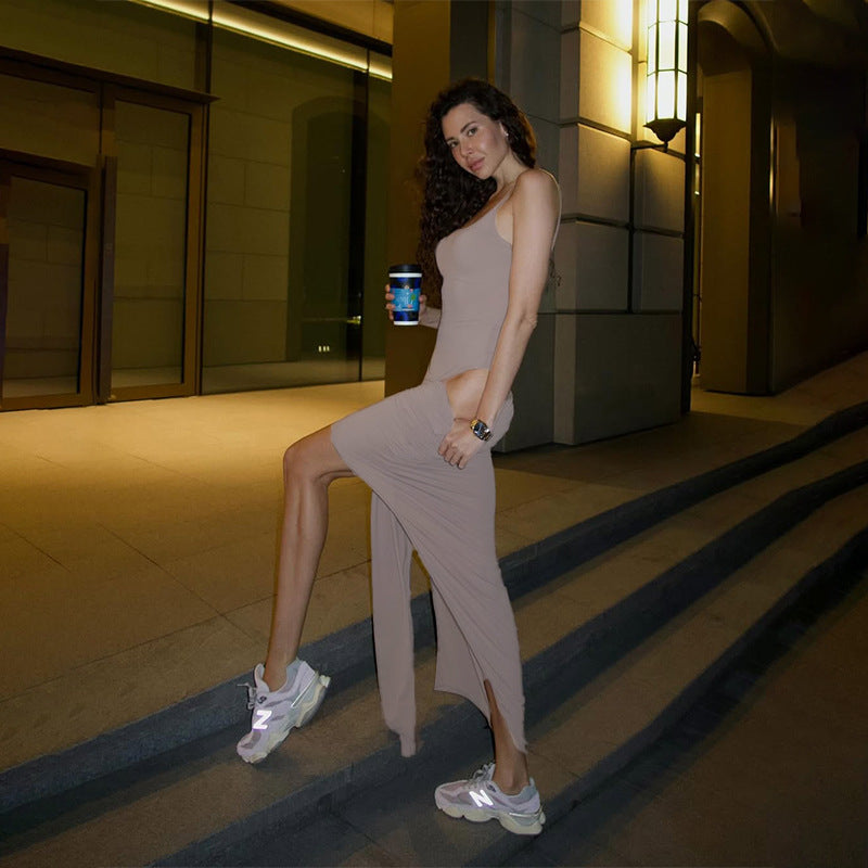 Gorgeous high slit sheath maxi dress in beige with white sneakers