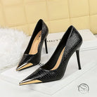 Langry fashion black crocodile heels with gold toe caps