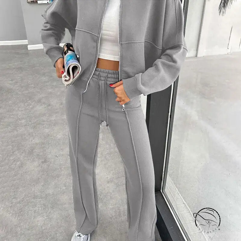 Winter Fur Zipper Cardigan Casual Straight Pants Two Piece Sets